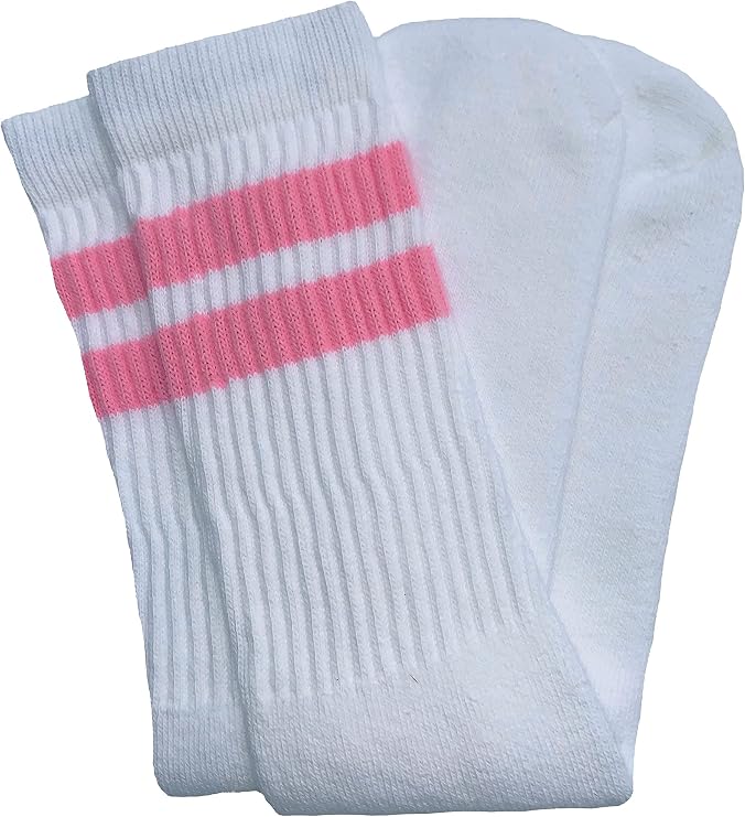 Mid calf White tube socks with BubbleGum Pink stripes style 2 - SKATERSOCKS