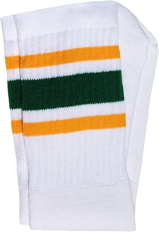 Mid calf White tube socks with Gold-Green stripes style 3 - SKATERSOCKS