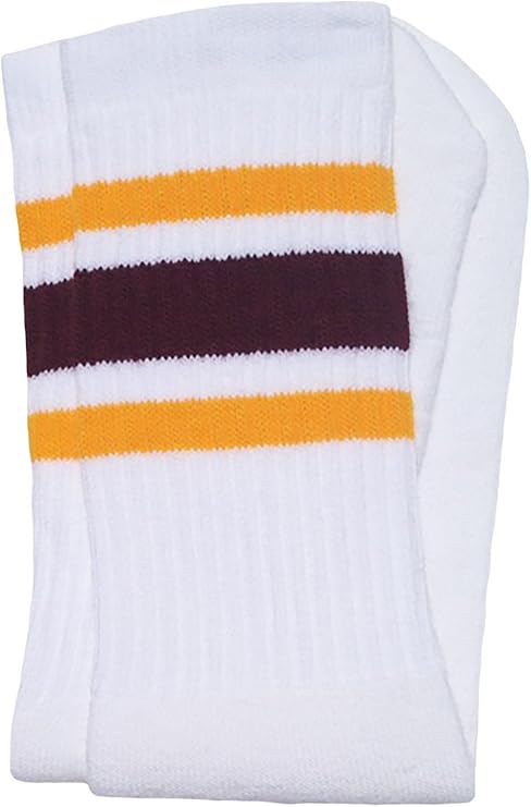 Mid calf White tube socks with Gold-Maroon stripes style 3 - SKATERSOCKS
