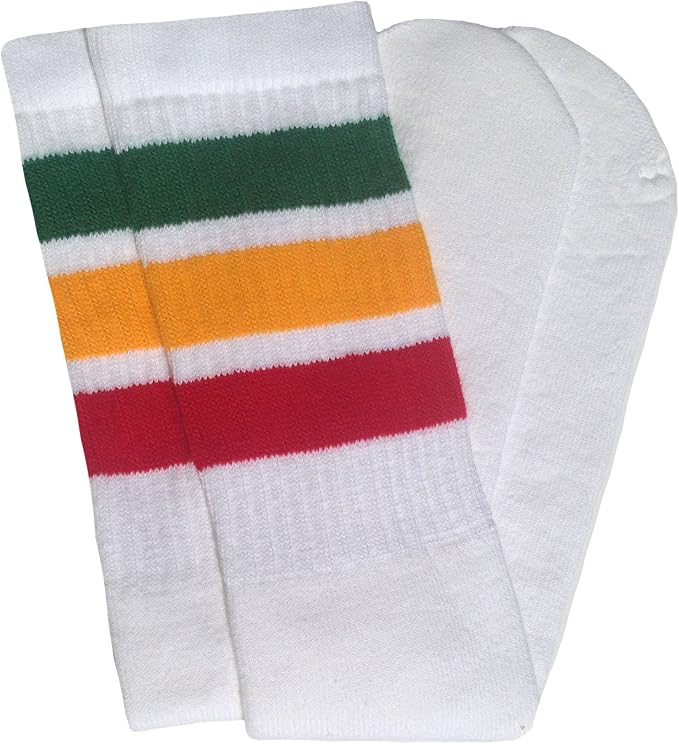 Mid calf White tube socks with Green-Gold-Red stripes style 1 - SKATERSOCKS