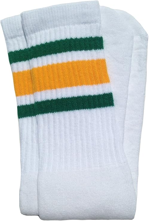Mid calf White tube socks with Green-Gold stripes style 3 - SKATERSOCKS