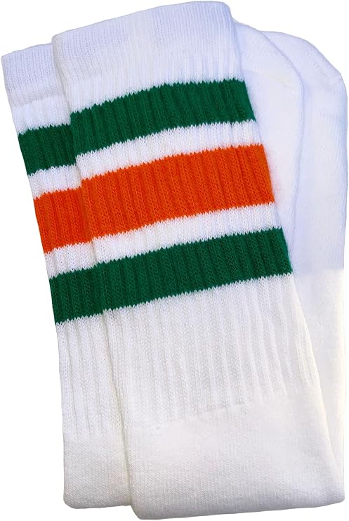 Mid calf White tube socks with Green-Orange stripes style 1 - SKATERSOCKS