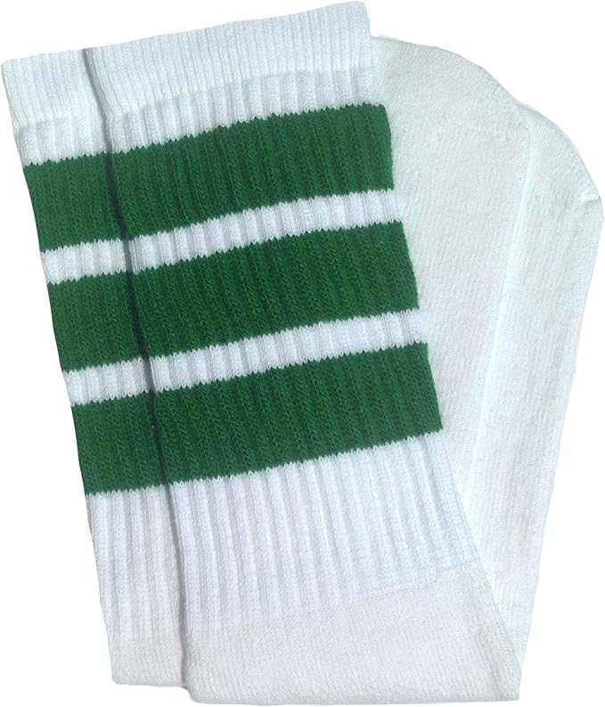 Mid calf White tube socks with Green stripes style 1 - SKATERSOCKS