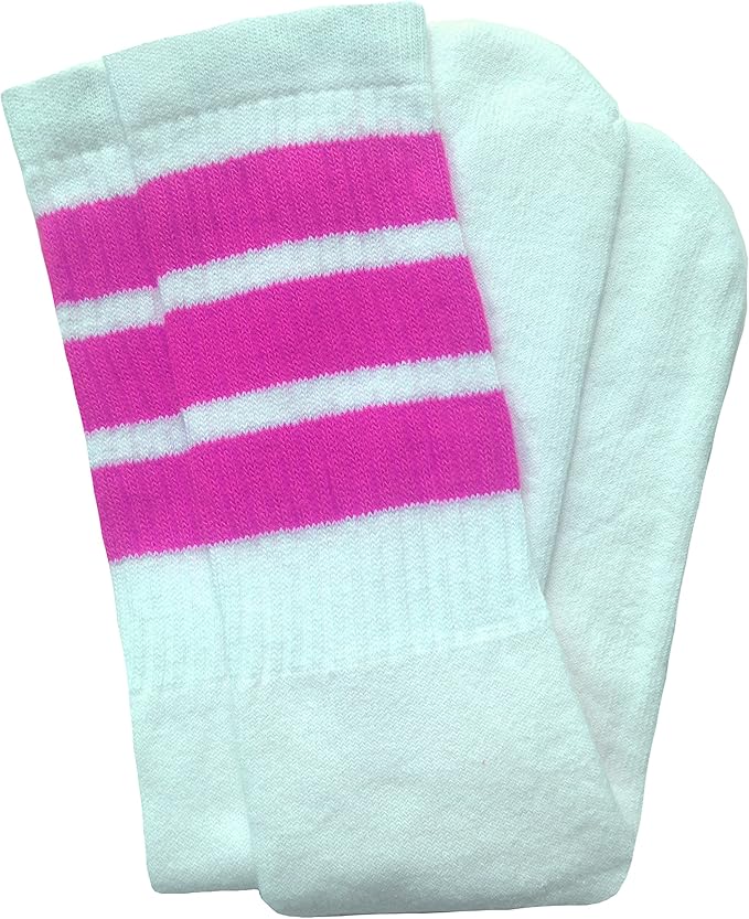 Mid calf White tube socks with Hot Pink stripes style 1 - SKATERSOCKS