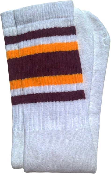 Mid calf White tube socks with Maroon-Gold stripes style 4 - SKATERSOCKS