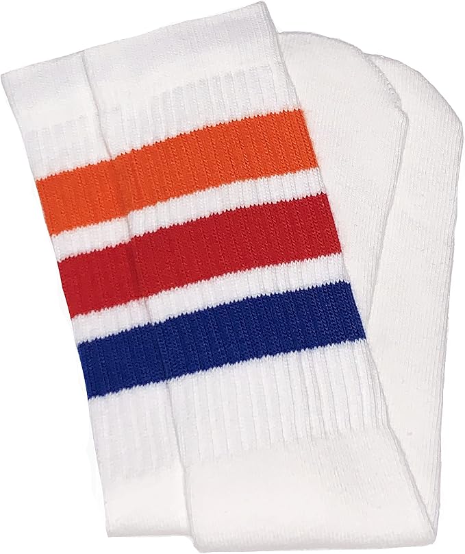 Mid calf White tube socks with Orange-Red-Royal Blue stripes style 1 - SKATERSOCKS
