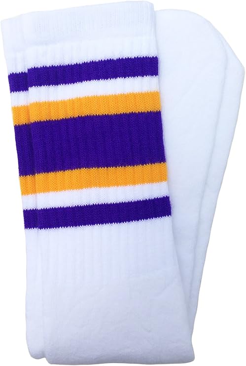 Mid calf White tube socks with Purple-Gold stripes style 4 - SKATERSOCKS