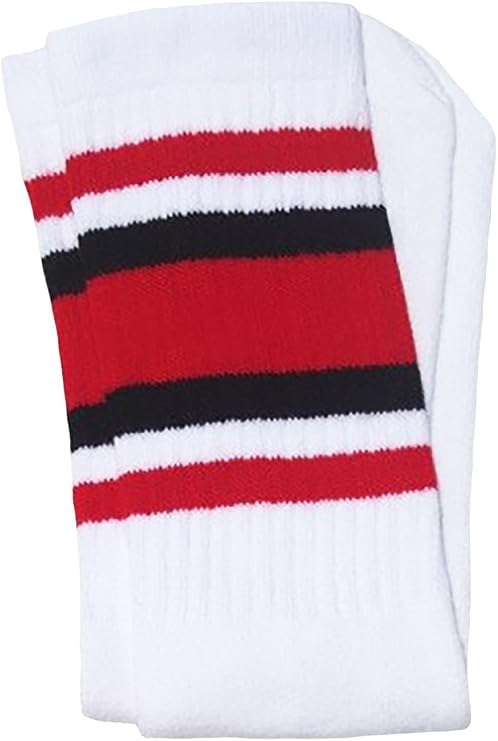 Mid calf White tube socks with Red-Black stripes style 4 - SKATERSOCKS