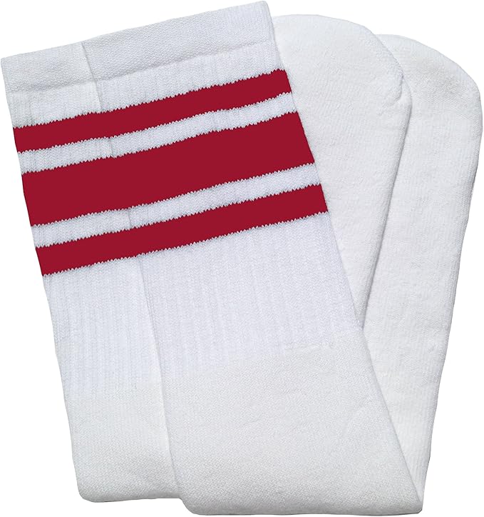 Mid calf White tube socks with Red stripes style 3 - SKATERSOCKS