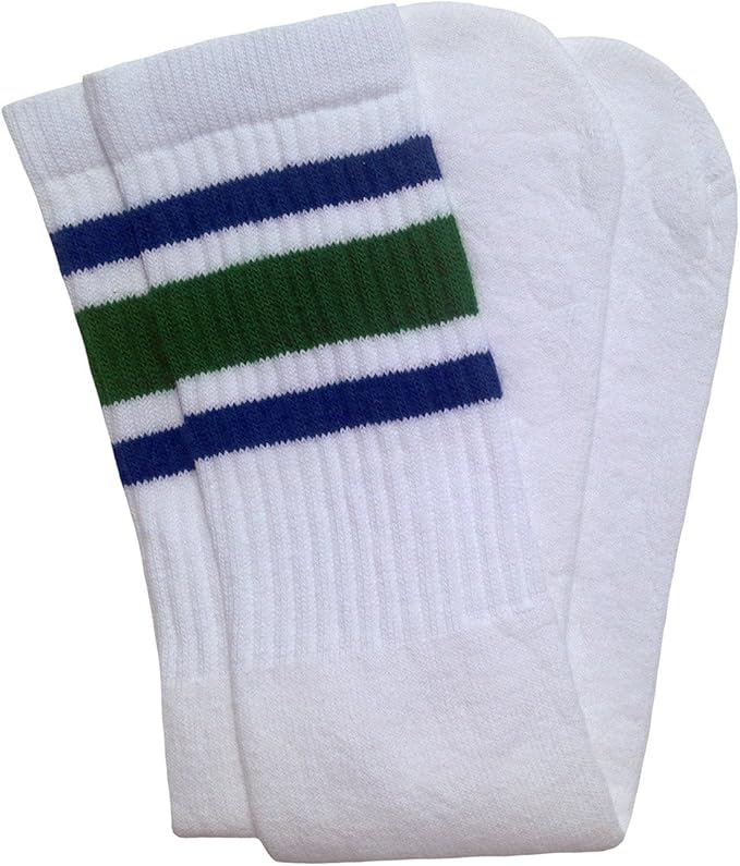 Mid calf White tube socks with Royal Blue-Green stripes style 3 - SKATERSOCKS