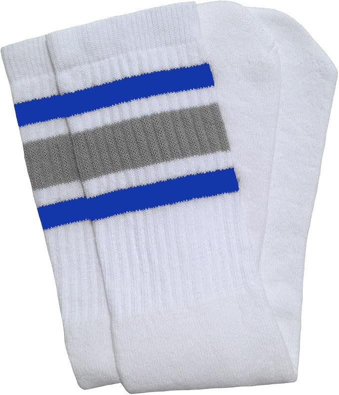 Mid calf White tube socks with Royal Blue-Grey stripes style 3 - SKATERSOCKS
