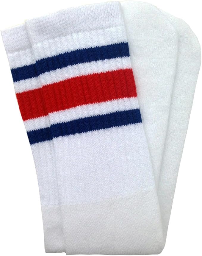 Mid calf White tube socks with Royal Blue-Red stripes style 3 - SKATERSOCKS