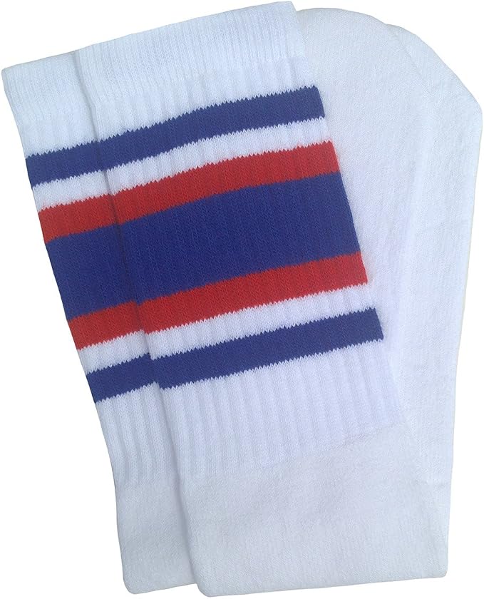 Mid calf White tube socks with Royal Blue-Red stripes style 4 - SKATERSOCKS