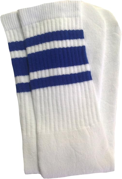 Mid calf White tube socks with Royal Blue stripes style 3 - SKATERSOCKS