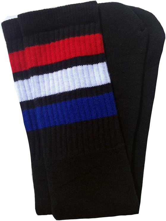 Over the knee Black tube socks with Red-White-Royal Blue stripes style 1 - SKATERSOCKS