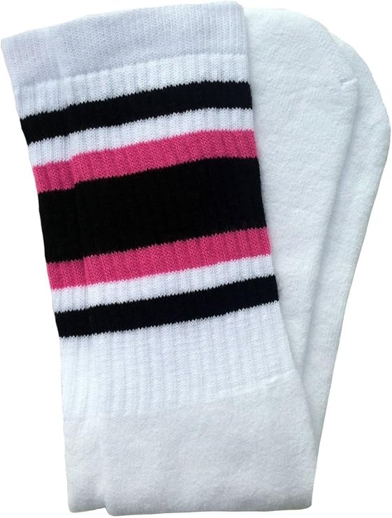 Over the knee White tube socks with Black-BubbleGum Pink stripes style 4 - SKATERSOCKS