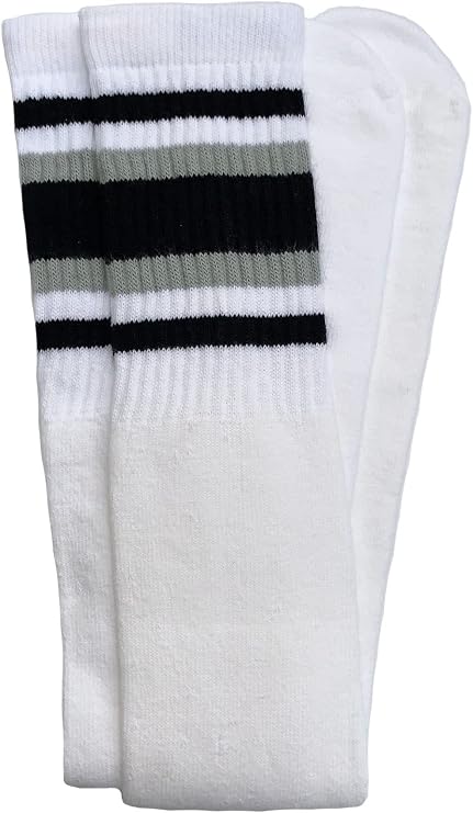 Over the knee White tube socks with Black-Grey stripes style 4 - SKATERSOCKS