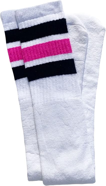 Over the knee White tube socks with Black-Hot Pink stripes style 1 - SKATERSOCKS