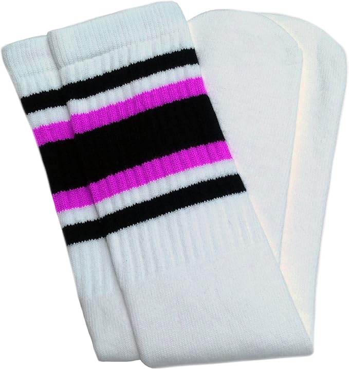 Over the knee White tube socks with Black-Hot Pink stripes style 4 - SKATERSOCKS