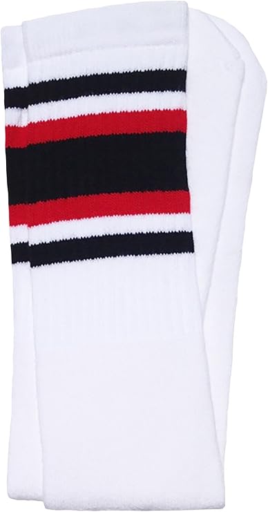 Over the knee White tube socks with Black-Red stripes style 4 - SKATERSOCKS