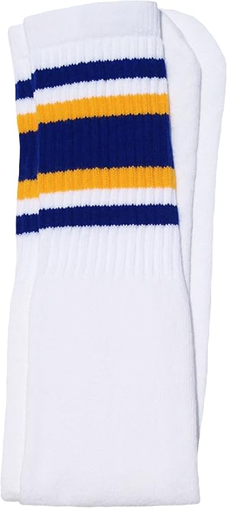 Over the knee White tube socks with Royal Blue-Gold stripes style 4 - SKATERSOCKS