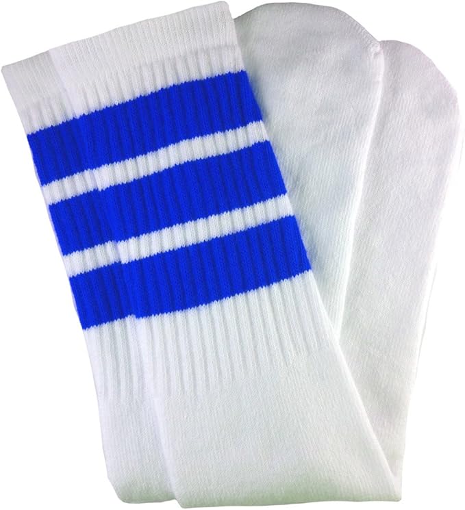 Over the knee White tube socks with Royal Blue stripes style 1 - SKATERSOCKS
