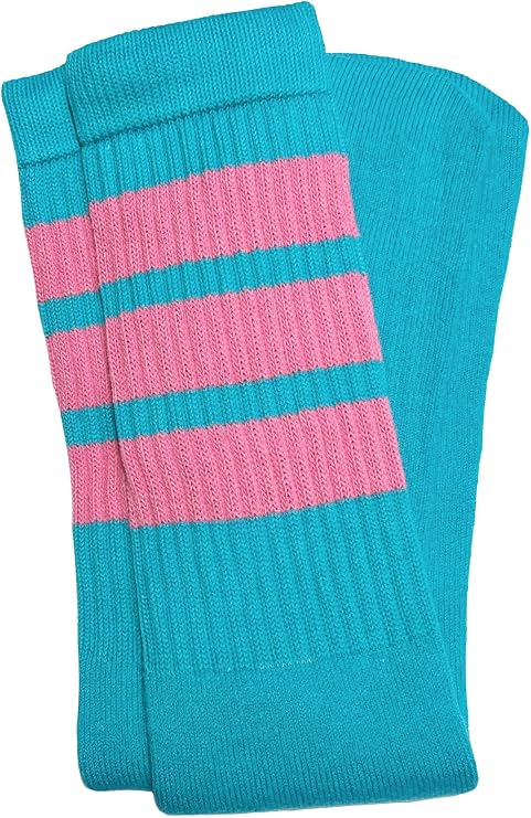Quarter Aqua tube socks with BubbleGum Pink stripes style 1 (Made In Italy) - SKATERSOCKS