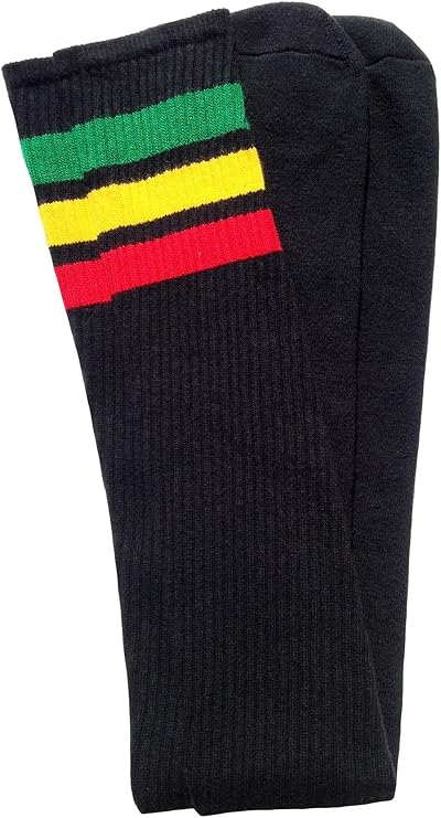 Thigh high Black tube socks with Green-Gold-Red stripes style 1 - SKATERSOCKS