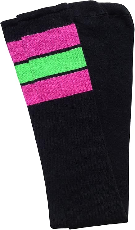 Thigh high Black tube socks with Hot Pink-Neon Green stripes style 5 - SKATERSOCKS