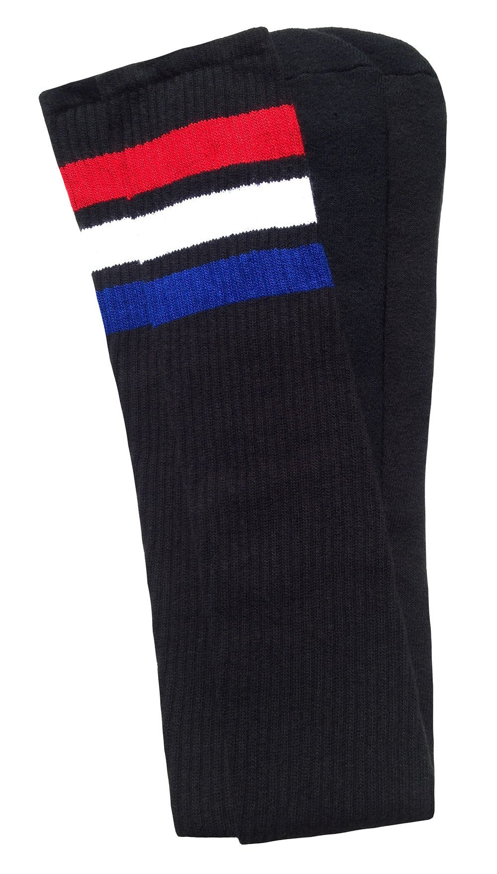 Thigh high Black tube socks with Red-White-Blue stripes style 1 - SKATERSOCKS