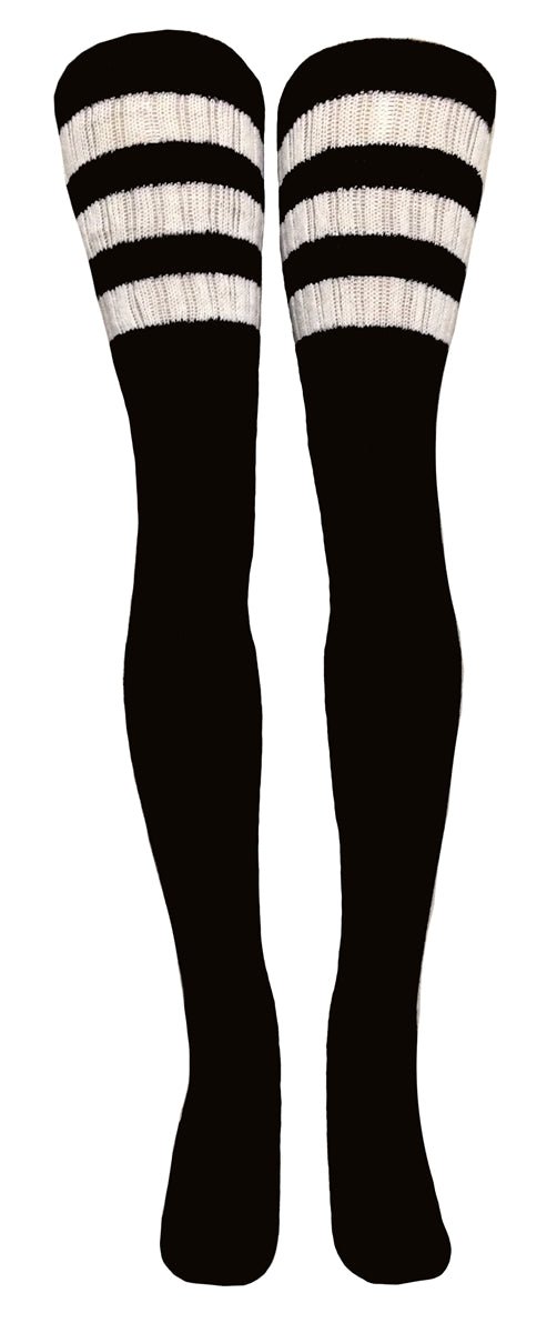 Thigh high Black tube socks with White stripes style 1 - SKATERSOCKS