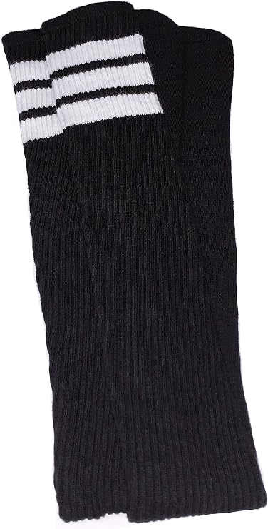 Thigh high Black tube socks with White stripes style 1 - SKATERSOCKS