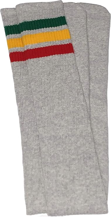 Thigh high Grey tube socks with Green-Gold-Red stripes style 1 - SKATERSOCKS