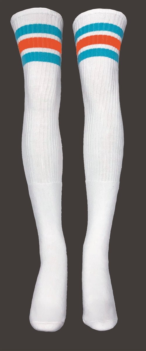 Thigh high socks with Aqua-Orange stripes style 1 - SKATERSOCKS