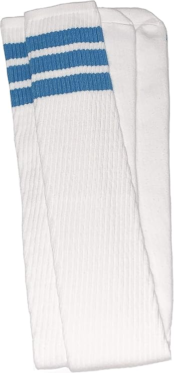 Thigh high White tube socks with Baby Blue stripes style 1 - SKATERSOCKS