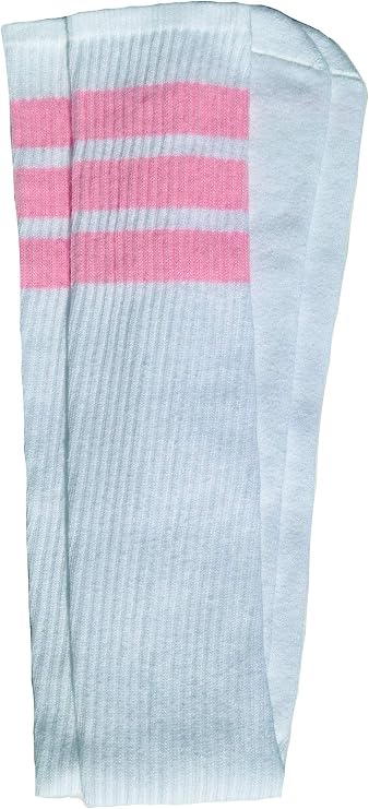Thigh high White tube socks with Baby Pink stripes style 1 - SKATERSOCKS
