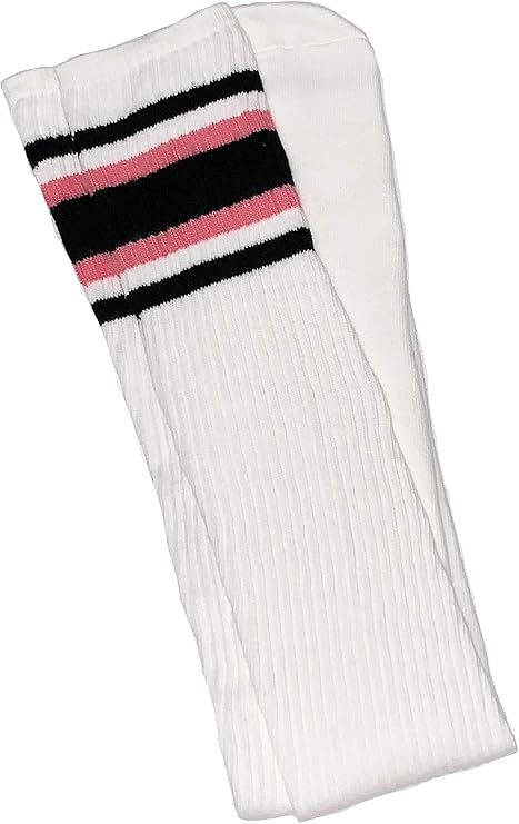 Thigh high White tube socks with Black-BubbleGum Pink stripes style 4 - SKATERSOCKS
