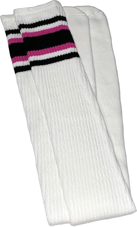 Thigh high White tube socks with Black-Hot Pink stripes style 4.. - SKATERSOCKS