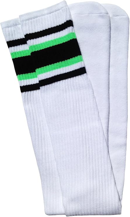 Thigh high White tube socks with Black-Neon Green stripes style 4 - SKATERSOCKS