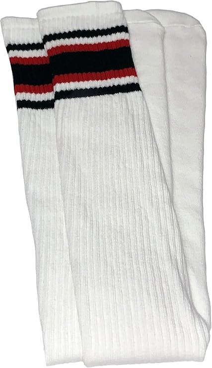 Thigh high White tube socks with Black-Red stripes style 4 - SKATERSOCKS
