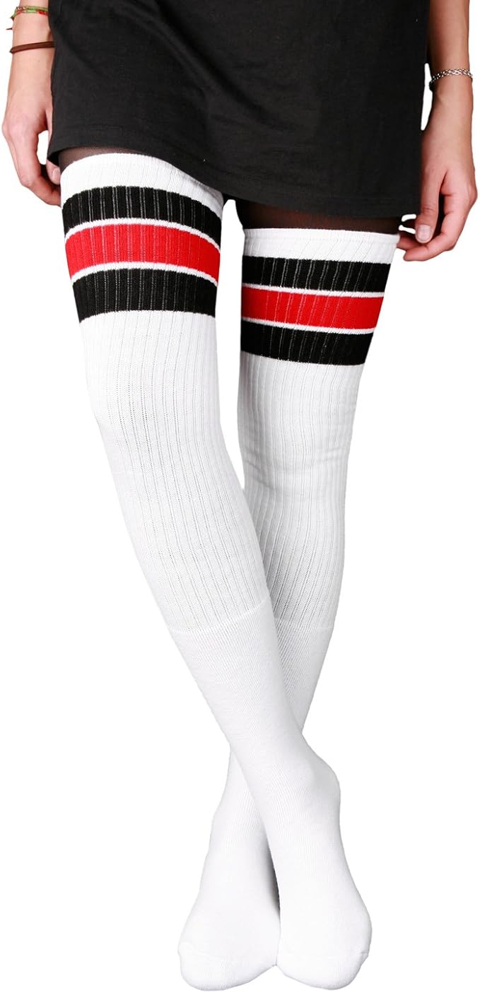 Thigh high White tube socks with Black-Red stripes style 5 - SKATERSOCKS