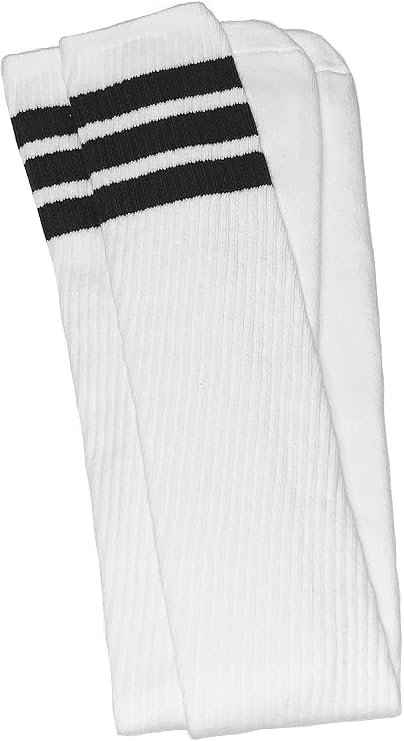Thigh high White tube socks with Black stripes style 1 - SKATERSOCKS