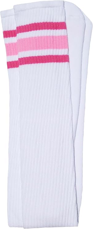 Thigh high White tube socks with BubbleGum Pink-Baby Pink stripes style 3 - SKATERSOCKS