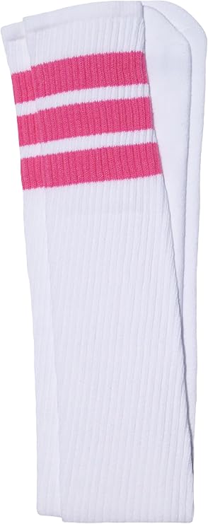 Thigh high White tube socks with BubbleGum Pink stripes style 1 - SKATERSOCKS