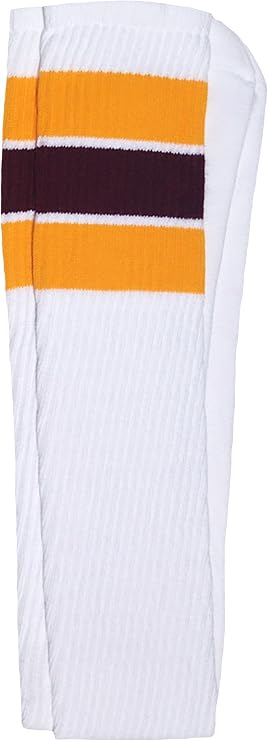 Thigh high White tube socks with Gold-Maroon stripes style 5 - SKATERSOCKS