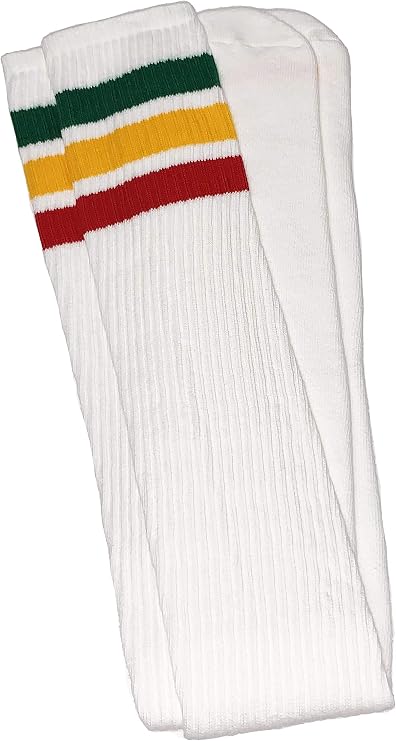 Thigh high White tube socks with Green-Gold-Red stripes style 1 - SKATERSOCKS