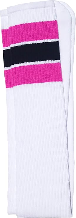 Thigh high White tube socks with Hot Pink-Black stripes style 5 - SKATERSOCKS