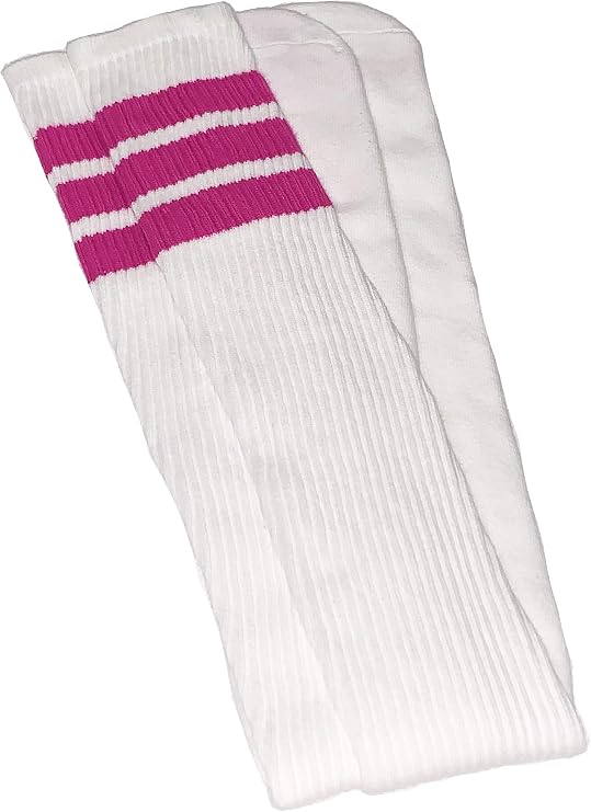 Thigh high White tube socks with Hot Pink stripes style 1 - SKATERSOCKS