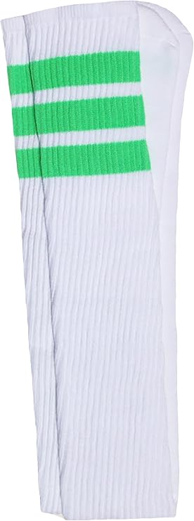 Thigh high White tube socks with Neon Green stripes style 1 - SKATERSOCKS