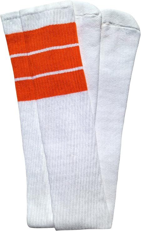 Thigh high White tube socks with Orange stripes style 5 - SKATERSOCKS